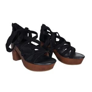 Torrid Womens Heels 10.5 Ankle Wrap Wood Block Heel Black Faux Suede Summer Chic